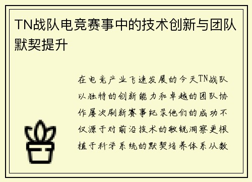 TN战队电竞赛事中的技术创新与团队默契提升