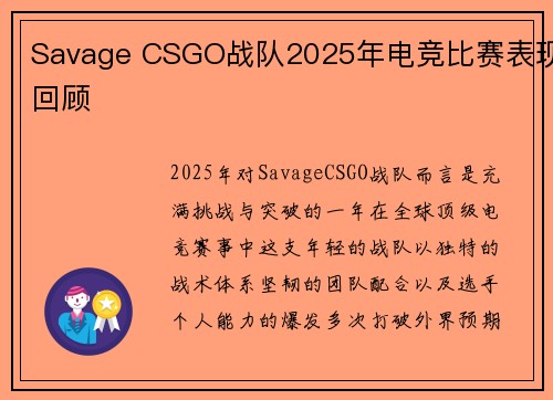Savage CSGO战队2025年电竞比赛表现回顾